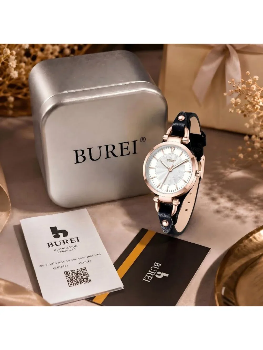 Women's Rose Golden Black Simple Leather Strap Bracelet Band Analog Quartz Watch